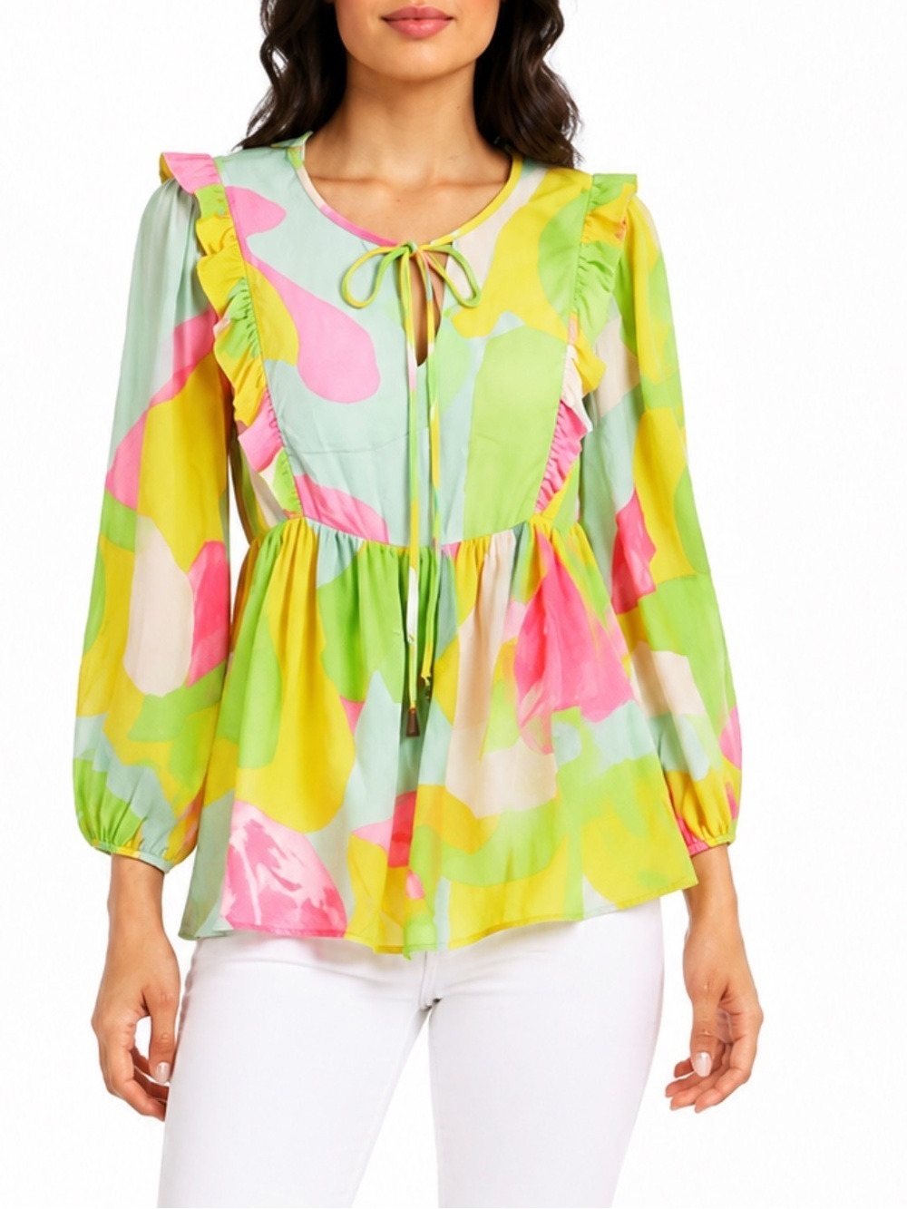 Entro from Anthropology | Neon Ballon sleeve Babydoll top Sz S EUC